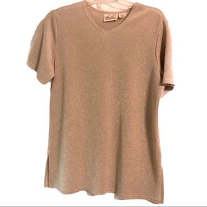 Kathie Lee Collection sparkling beige tan women’s short sleeve V-neck top Size L